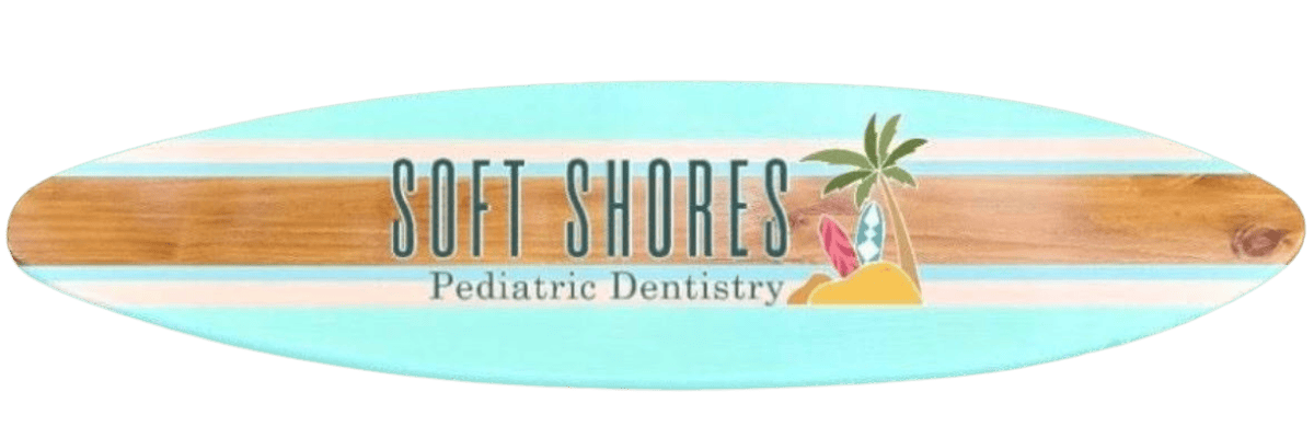 Bright and playful pediatric dental logo featuring a beach scene with a palm tree and surfboard for Soft Shores Pediatric Dentistry.